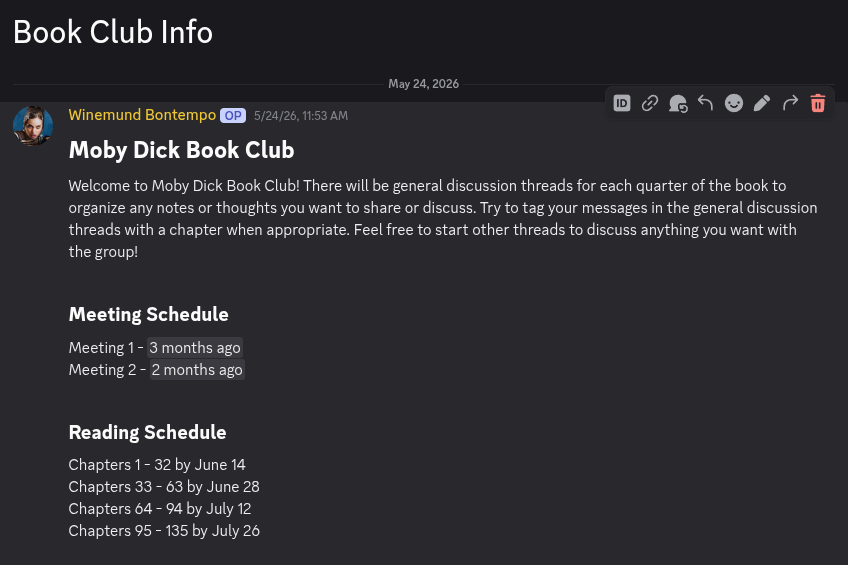 Book club info in Discord